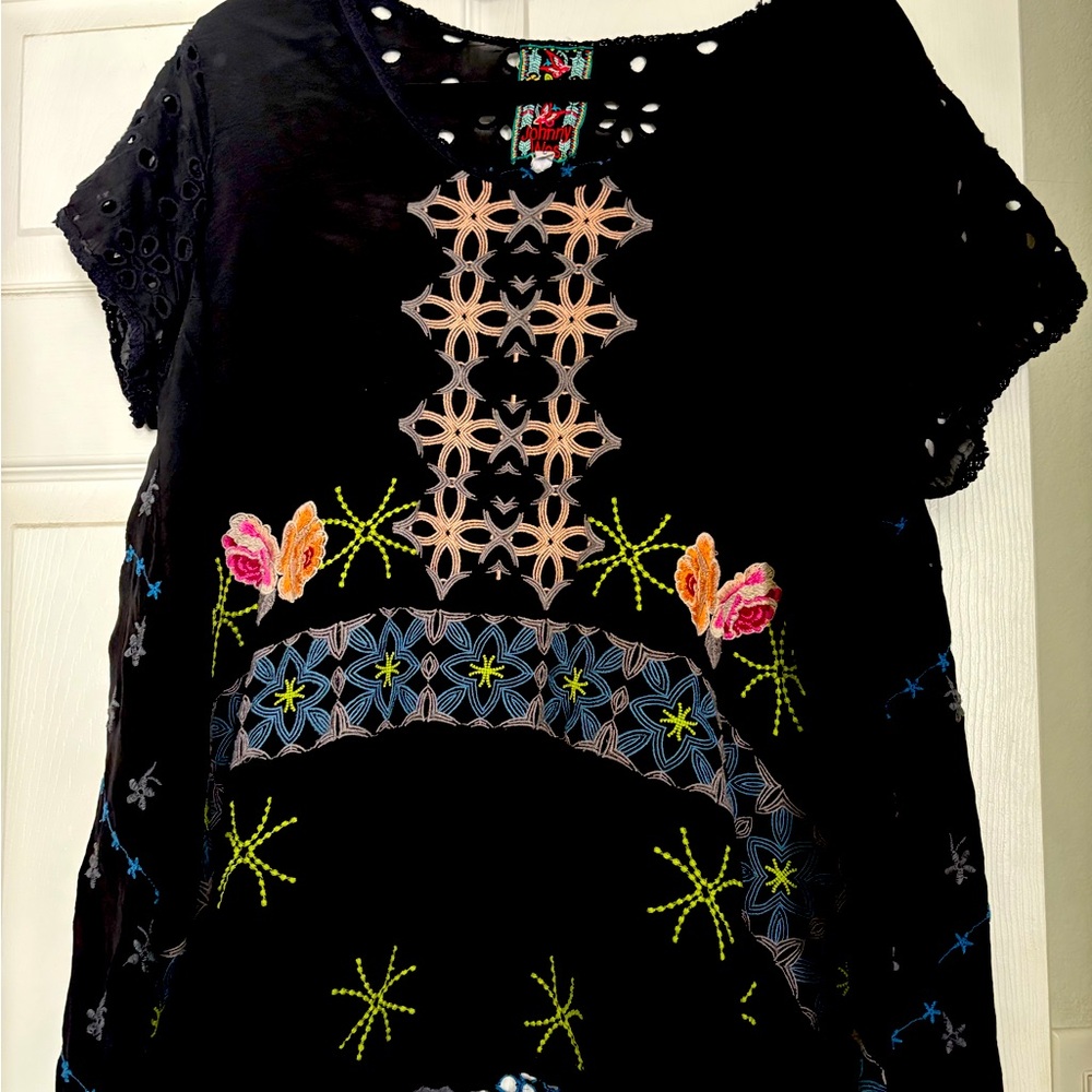 Johnny Was Black and Cream Graphic Embellished Blouse